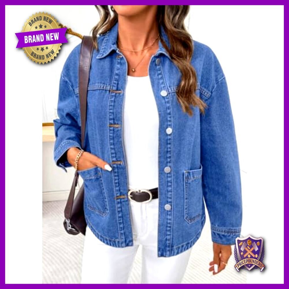 Oversized Denim Jacket Classic Boyfriend Fit Casual Chic Button Down Long Sleeve - Picture 5 of 7